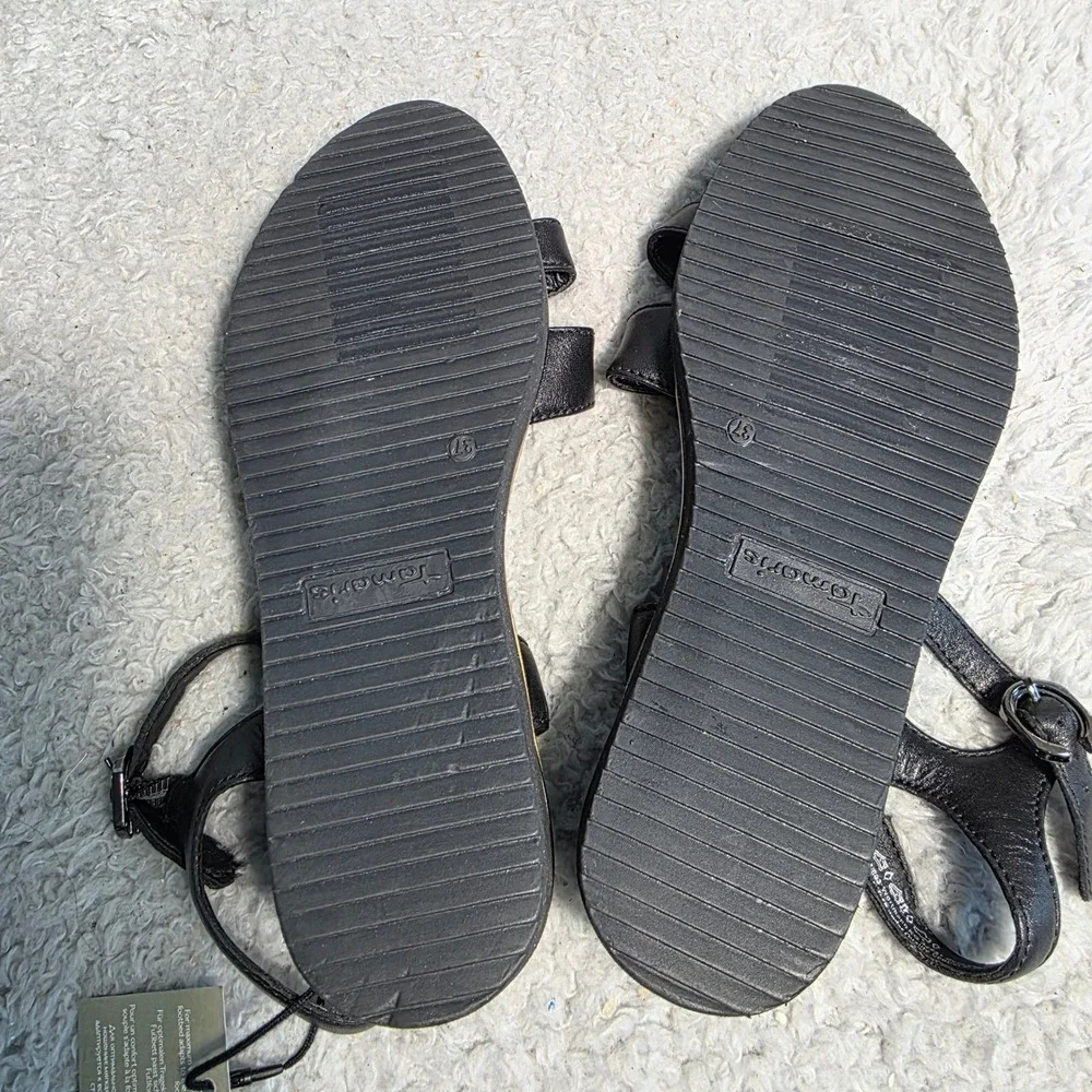 Tamaris Soft Black Leather Micro Wedge Sandals Womens EU‎ 37 US 6.5 Strappy NEW